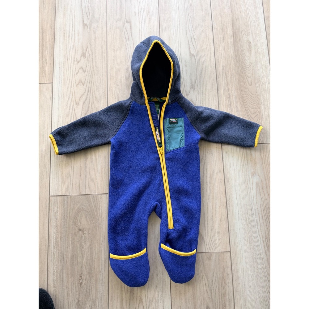 LL Bean Fleece Bunting Kids 0-3 mo Blue Yellow Hooded Footed Coverall Suit